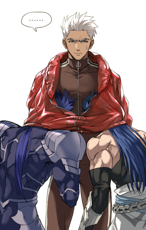 ..., 3boys, alternate_costume, archer_(fate), archer_(winter_caravan_online_2021)_(fate), armor, bare_shoulders, black_gloves