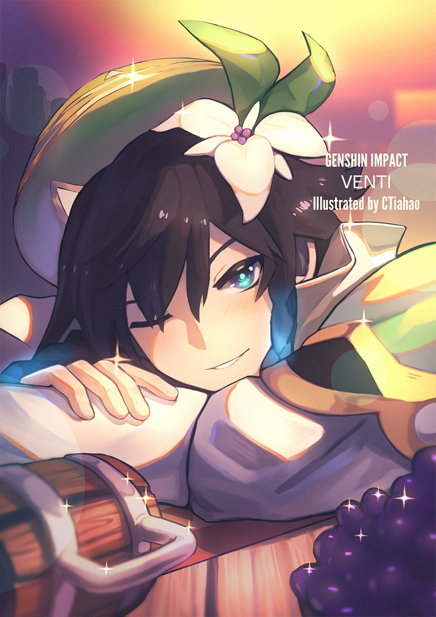 1boy, beer_mug, black_hair, blue_hair, blush, braid, crossed_arms, ctiahao