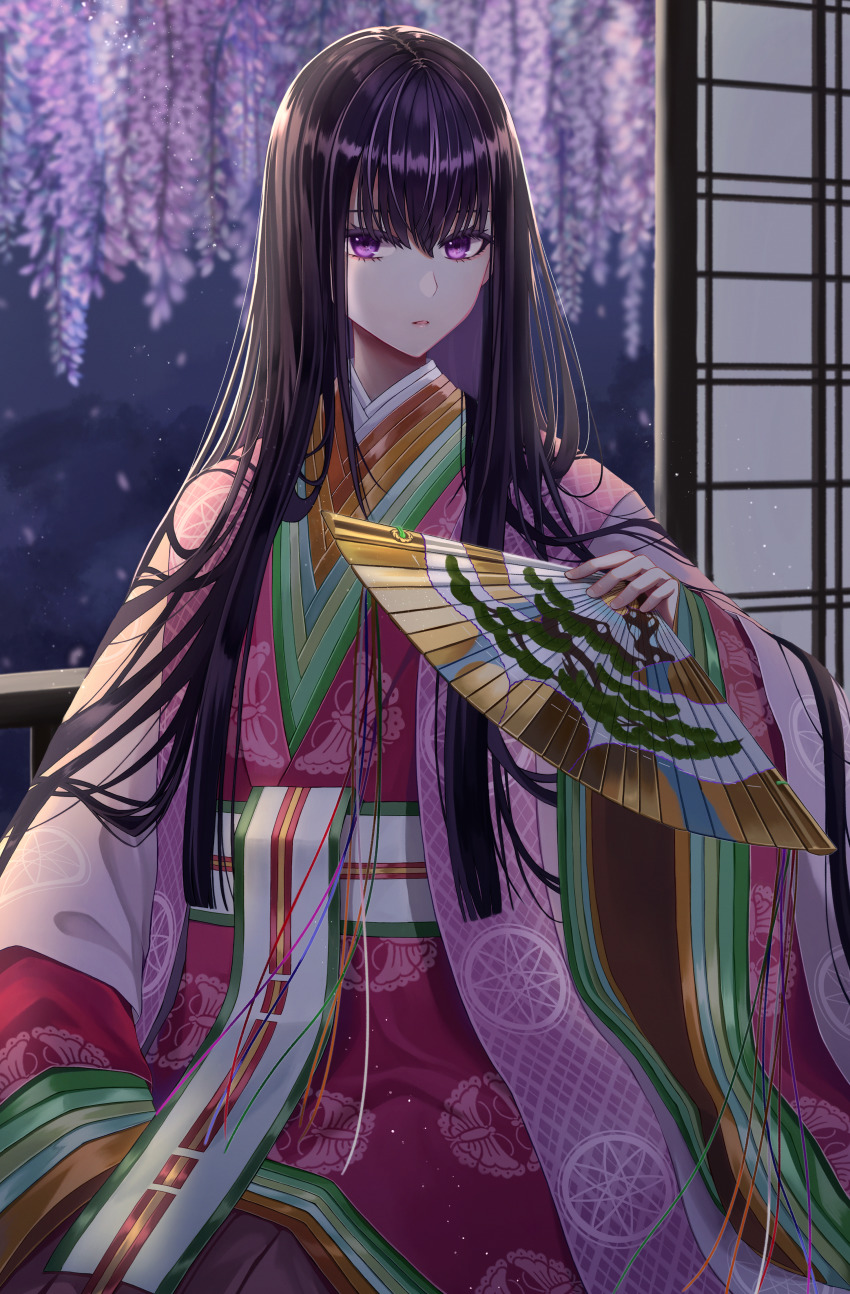1girl, absurdly_long_hair, absurdres, black_hair, blush, breasts, fate/grand_order, fate_(series), flower, folding_fan, hand_fan, highres, huge_filesize, japanese_clothes, juunihitoe, karaginu_mo, kimono, layered_clothes, layered_kimono, long_hair, long_sleeves, looking_at_viewer, murasaki_shikibu_(fate), murasaki_shikibu_(third_ascension)_(fate), pink_kimono, purple_eyes, sash, shouji, sliding_doors, solo, tobi_(pixiv41237754), very_long_hair, wide_sleeves, wisteria