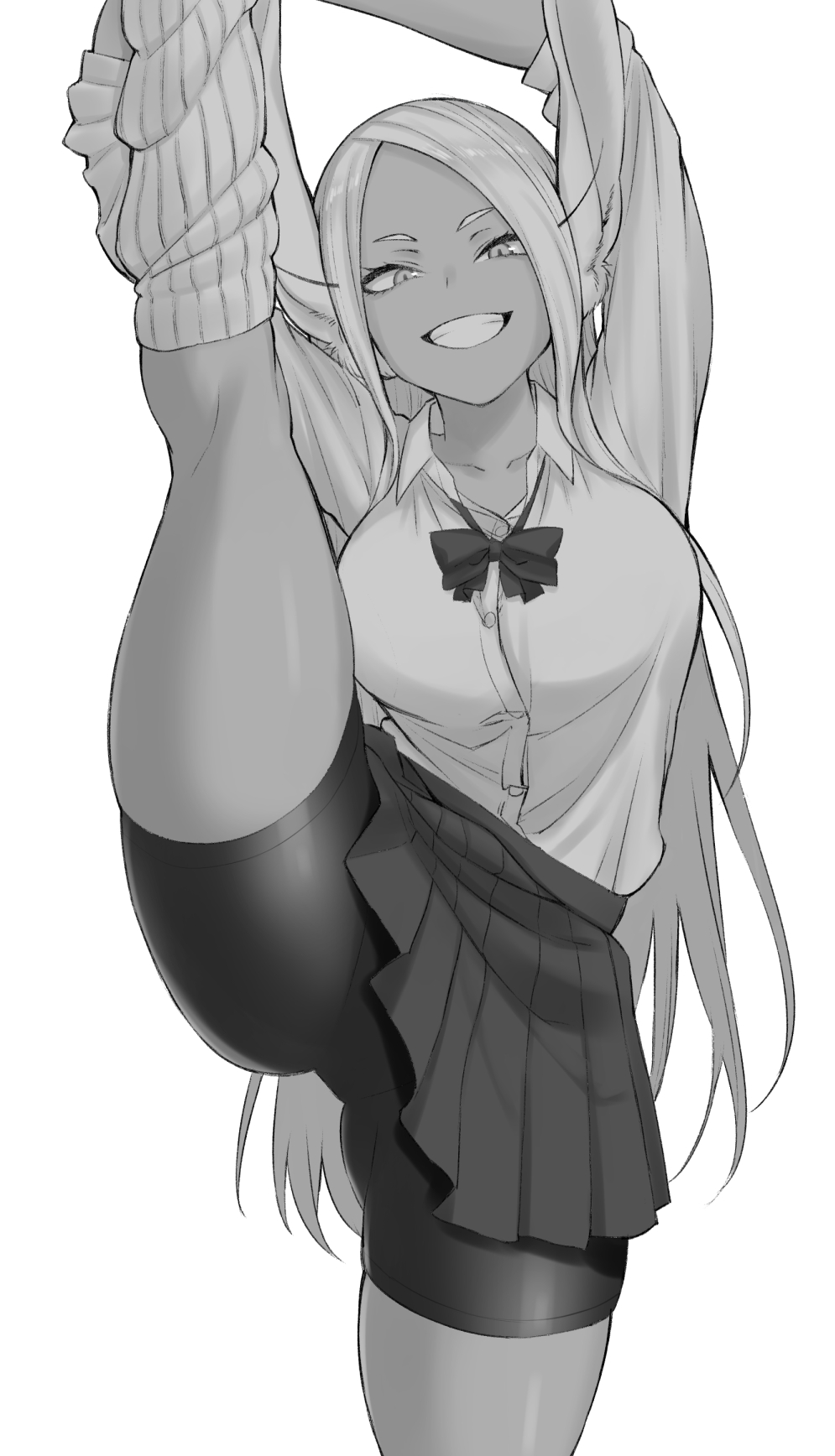 1girl, animal_ears, arms_up, bike_shorts, boku_no_hero_academia, breasts, collarbone, collared_shirt, cowboy_shot, dark-skinned_female, dark_skin, dress_shirt, gluteal_fold, greyscale, grin, highres, kurokura_eri, large_breasts, long_hair, looking_at_viewer, miniskirt, mirko, monochrome, neck_ribbon, pleated_skirt, rabbit_ears, rabbit_girl, ribbon, shirt, simple_background, skirt, smile, solo, split, standing, standing_on_one_leg, standing_split, thighs, very_long_hair