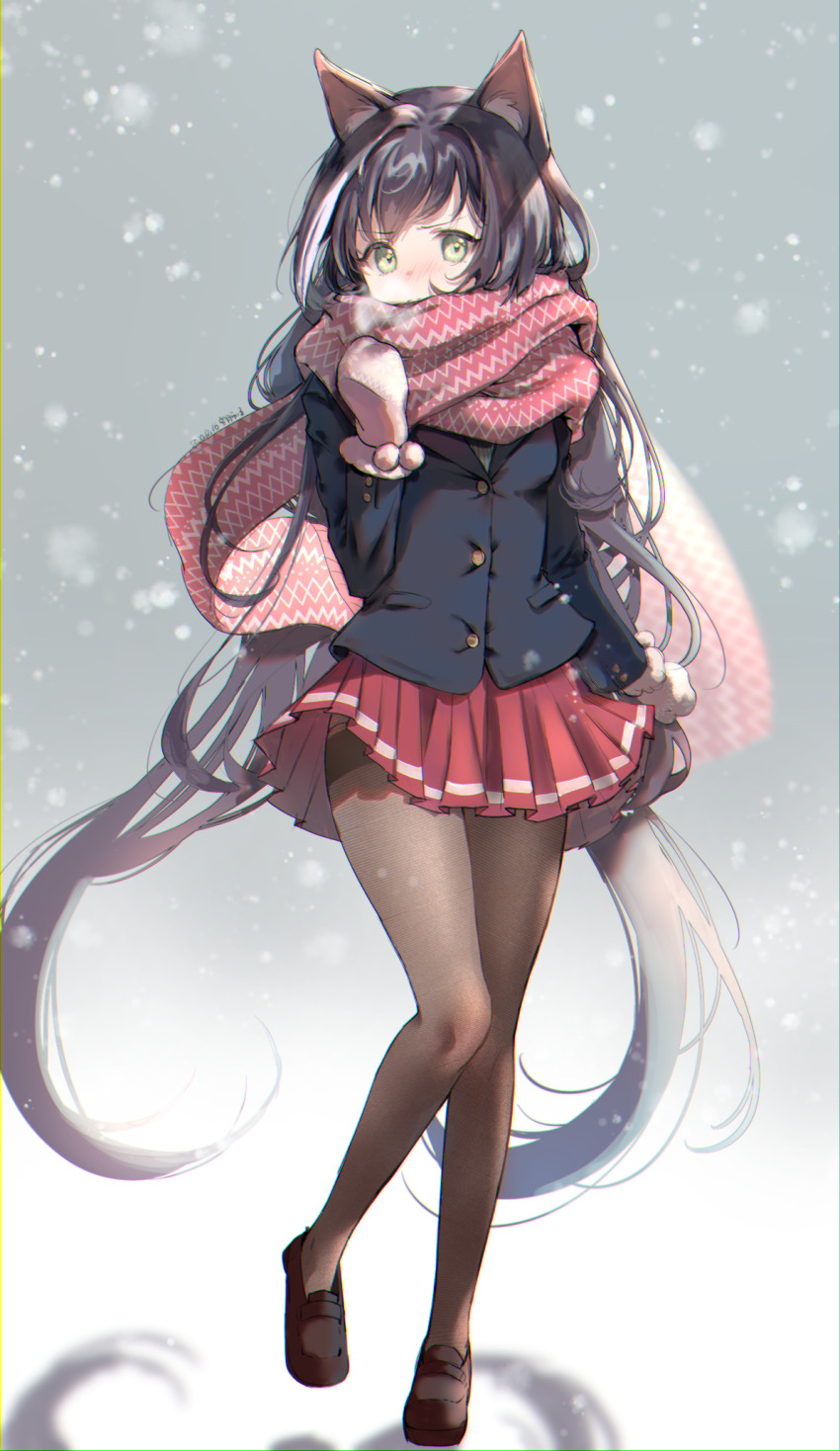 1girl, animal_ears, black_footwear, black_hair, black_jacket, blush, breath, brown_pantyhose