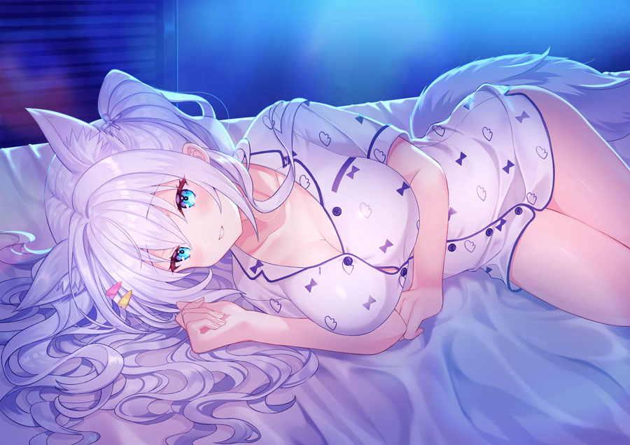 1girl, animal_ear_fluff, animal_ears, bed_sheet, blue_eyes, blush, breasts, cleavage