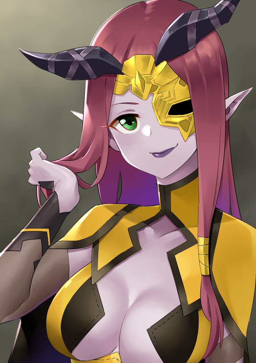 1girl, absurdres, arm_up, blue_eyes, breasts, card, commission, commissioner_upload, cosplay, dark_mage_(fire_emblem_fates), fire_emblem, fire_emblem_echoes:_shadows_of_valentia, fire_emblem_fates, highres, horns, large_breasts, looking_at_viewer, mask, nintendo, nuibaba, ophelia_(fire_emblem), ophelia_(fire_emblem)_(cosplay), playing_card, playing_with_own_hair, purple_hair, redkite333, smile, upper_body