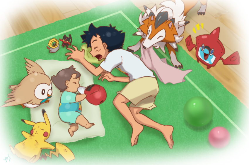 2boys, ash_ketchum, ball, barefoot, baseball_cap, black_hair, brown_hair, gen_1_pokemon