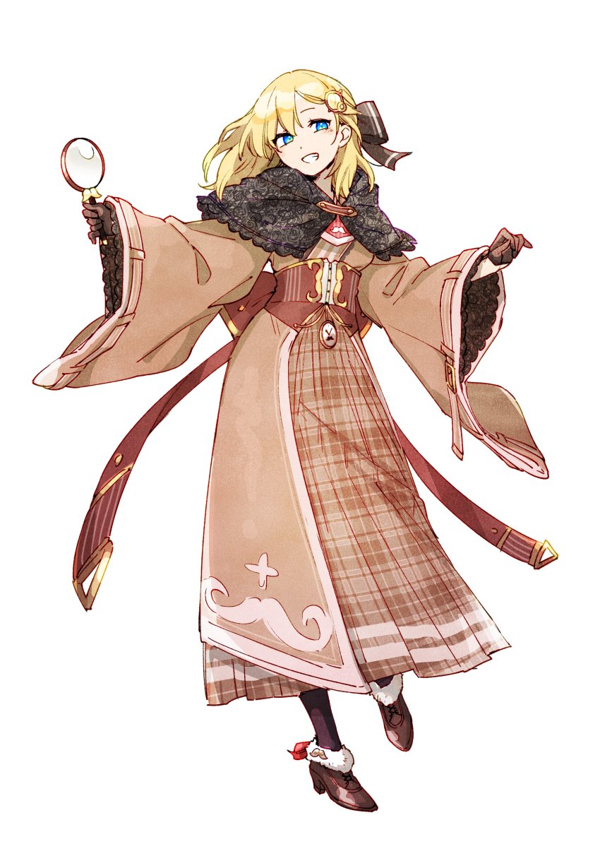1girl, absurdres, adapted_costume, alternate_costume, aneco_(westsea1227), belt, blonde_hair, blue_eyes, bow, brown_bow, brown_gloves, bustier, capelet, commentary, corset, english_commentary, full_body, fur-trimmed_anklet, gloves, grin, hair_bow, hair_ornament, head_tilt, high_heels, highres, holding, holding_magnifying_glass, hololive, hololive_english, japanese_clothes, kimono, lace_capelet, long_hair, magnifying_glass, obi, plaid_clothes, plaid_kimono, pocket_watch, sash, simple_background, smile, solo, virtual_youtuber, watch, watson_amelia, white_background