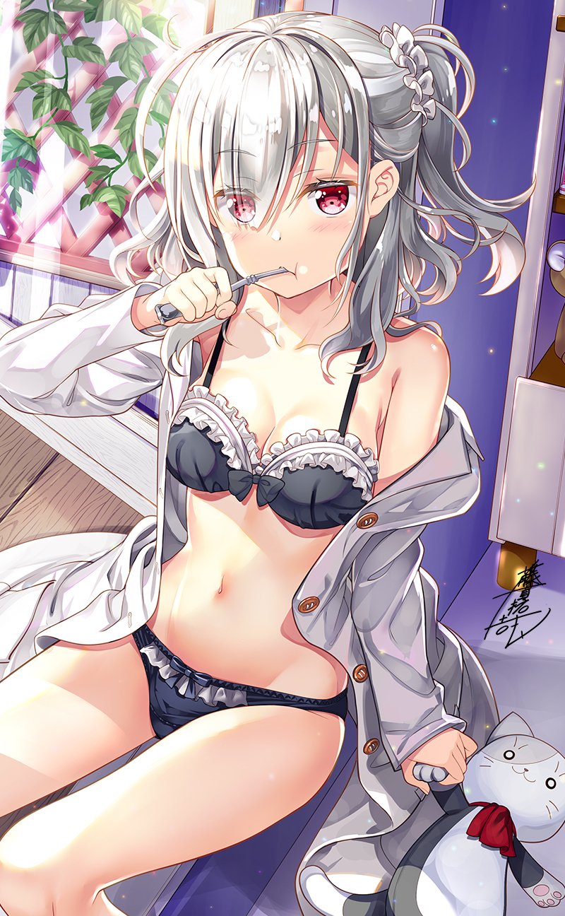 1girl, bare_shoulders, black_bra, black_panties, bra, breasts, cleavage, collarbone