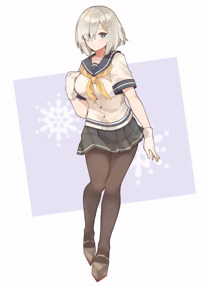 1girl, black_pantyhose, blue_eyes, full_body, gloves, grey_sailor_collar, grey_skirt, hair_ornament