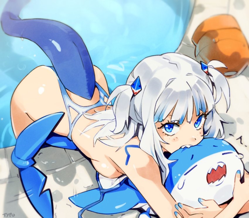 1girl, ass, bikini, biting, bloop_(gawr_gura), blue_eyes, blue_hair, breasts, clothing_cutout, commentary, english_commentary, fins, fish_tail, gawr_gura, hair_ornament, head_biting, hololive, hololive_english, looking_at_viewer, medium_breasts, medium_hair, multicolored_hair, optionaltypo, partially_submerged, shark_girl, shark_tail, sharp_teeth, sideboob, silver_hair, small_breasts, solo_focus, streaked_hair, swimsuit, tail, tail_through_clothes, teeth, two_side_up, untied_bikini, virtual_youtuber, white_bikini