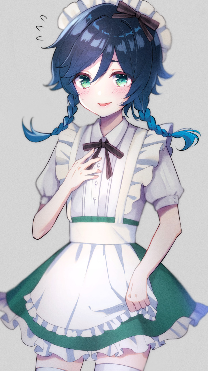 1boy, :d, alternate_costume, apron, blue_hair, blush, bow, braid, cowboy_shot, crossdressing, crossdressing_(mtf), dress, eneru_(enepuni), frilled_dress, frills, genshin_impact, green_eyes, hair_bow, highres, looking_at_viewer, maid, maid_apron, maid_headdress, male_focus, male_maid, open_mouth, smile, thighhighs, trap, twin_braids, venti_(genshin_impact)