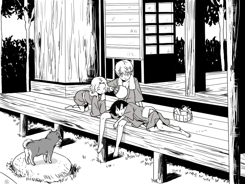 00s, 1girl, 2boys, all_fours, bad_id, bad_pixiv_id, barefoot, child, code_geass, dog, closed_eyes, greyscale, hand_fan, inu777, japanese_clothes, jini, kimono, kururugi_suzaku, lelouch_vi_britannia, lying, monochrome, multiple_boys, nunnally_vi_britannia, on_side, shiba, short_hair, sitting, aged_down, yukata