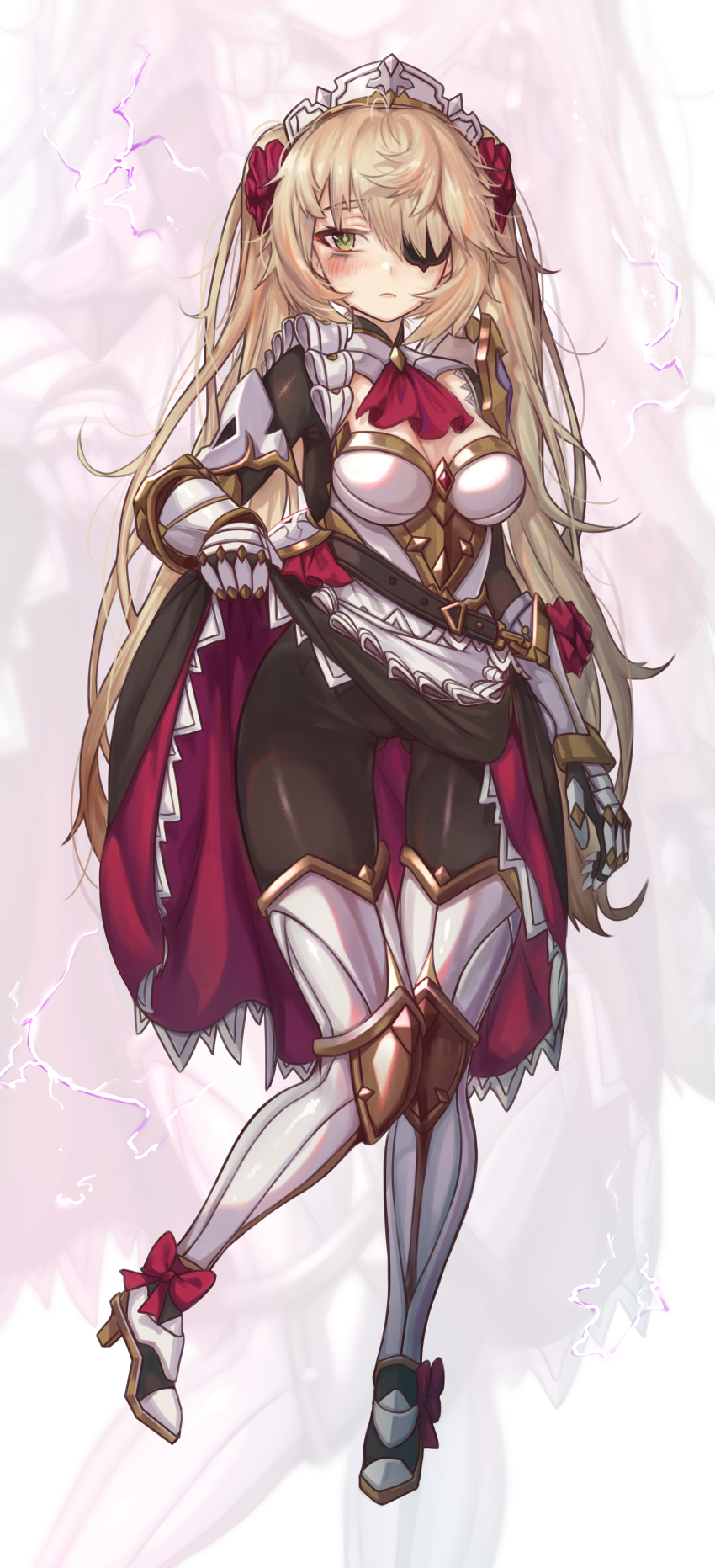 1girl, absurdres, ahoge, alternate_costume, apron, armor, armored_boots, ascot, belt, black_belt, black_dress, black_pantyhose, blonde_hair, blush, boobplate, boots, bow, breastplate, breasts, cameltoe, cleavage, closed_mouth, clothes_lift, commentary, cosplay, dress, dress_lift, eyepatch, fischl_(genshin_impact), flower, frills, frown, full_body, gauntlets, genshin_impact, gloves, gluteal_fold, green_eyes, hair_flower, hair_ornament, has_bad_revision, has_downscaled_revision, highres, huge_filesize, lifting_own_clothes, long_hair, long_sleeves, looking_at_viewer, maid_headdress, md5_mismatch, medium_breasts, noelle_(genshin_impact), noelle_(genshin_impact)_(cosplay), pantyhose, red_dress, red_flower, red_rose, resolution_mismatch, revision, ribbon, rose, solo, source_smaller, thigh_gap, thighhighs, torriet, twintails, two-sided_fabric, two_side_up, very_long_hair, waist_apron