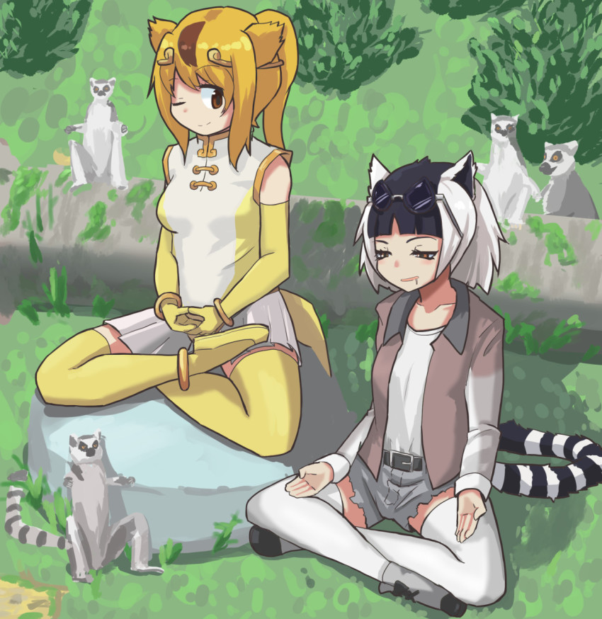 2girls, animal_ears, anklet, bare_shoulders, belt, black_hair, blonde_hair, bracelet