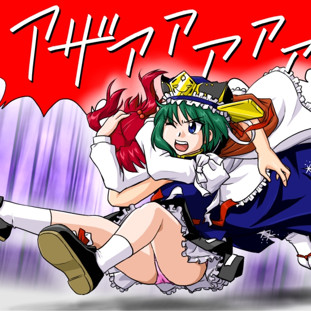 2girls, angry, blue_eyes, female_focus, green_hair, hat, multiple_girls, one_eye_closed