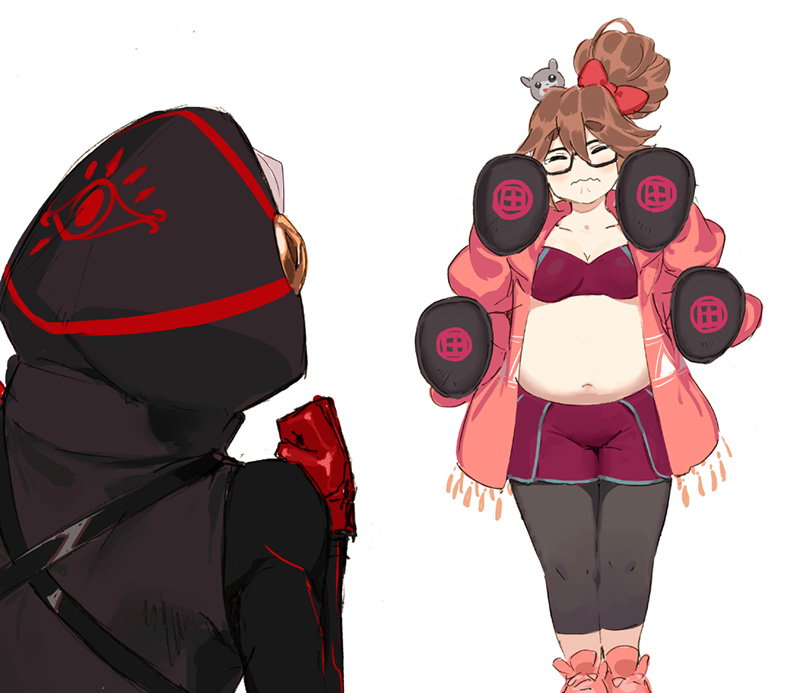 1boy, 1girl, boxing, brown_hair, clenched_hand, extra_arms, fat, fat_woman, fate/grand_order, fate_(series), fighting_stance, ganesha_(fate), ganesha_(red_box)_(fate), glasses, gloves, hair_bun, hood, jacket, jinako_carigiri, karna_(fate), karna_(santa)_(fate), leggings, mouse_on_head, pako_(pakosun), pink_jacket, red_gloves, shorts, single_hair_bun, training, wavy_mouth, white_hair