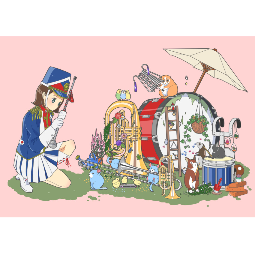 1girl, animal, band_uniform, bass_drum, bell_lyre, bird, boots, brick, drum, flower, gloves, harmonica, hat, highres, instrument, leaf, long_sleeves, marching_band_baton, original, pink_background, pink_flower, plant, pleated_skirt, potted_plant, purple_flower, rabbit, red_flower, shako_cap, skirt, snare_drum, solo, trombone, tuba, turtle, watering_can, white_boots, white_gloves, yoshimon