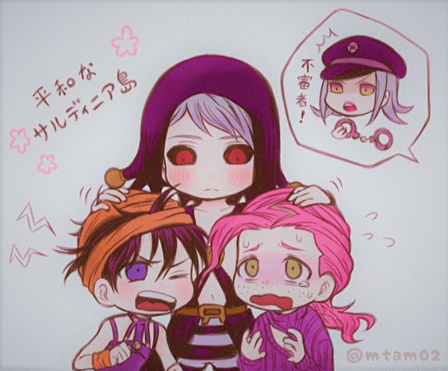 artist_name, black_hair, blush, chibi, hat, jojo_no_kimyou_na_bouken, leone_abbacchio, mtam02, narancia_ghirga, pink_hair, police, risotto_nero, vento_aureo, vinegar_doppio, white_hair