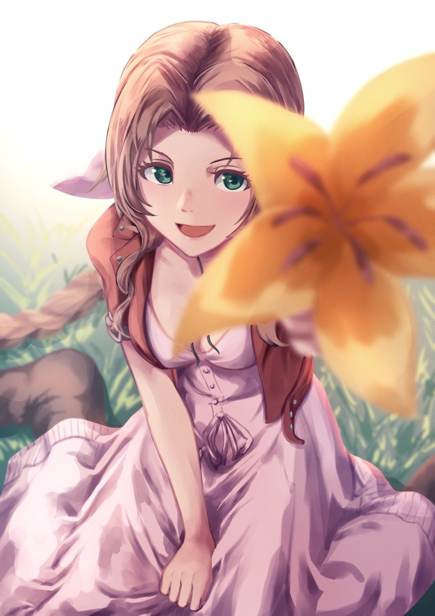 1girl, aerith_gainsborough, braid, brown_footwear, brown_hair, cropped_jacket, dress, final_fantasy, final_fantasy_vii, final_fantasy_vii_remake, flower, grass, green_eyes, hair_ribbon, highres, holding, holding_flower, jacket, kneeling, long_dress, long_hair, looking_at_viewer, open_mouth, painapo, pink_dress, red_jacket, ribbon, smile