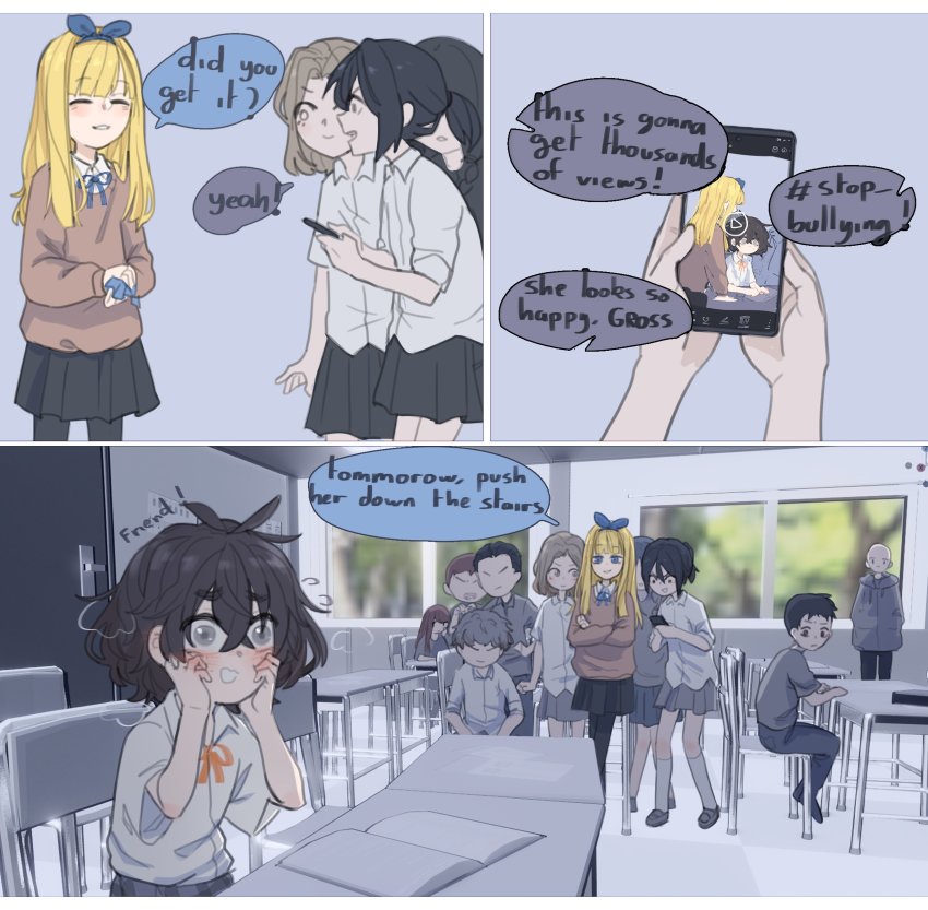 5boys, 6+girls, :d, absurdres, black_hair, black_legwear, black_skirt, blind, sophie_(popopoka), erika_(popopoka), blonde_hair, blue_bow, blue_ribbon, bow, bow_hairband, brown_sweater, bullying, cellphone, classroom, closed_eyes, crossed_arms, english_text, flying_sweatdrops, grey_eyes, grey_skirt, hair_bow, hairband, highres, holding, holding_phone, indoors, kerchief, long_hair, miniskirt, multiple_boys, multiple_girls, neck_ribbon, notebook, open_mouth, orange_ribbon, original, pantyhose, phone, pleated_skirt, ponytail, popopoka, ribbon, school, school_uniform, sitting, skirt, smartphone, smile, sweater, wiping_hands