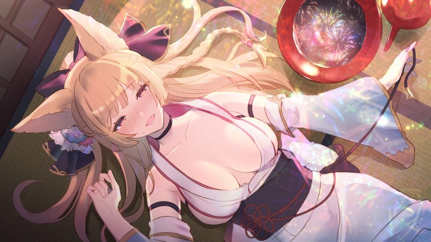 1girl, animal_ears, blonde_hair, blush, braid, breasts, cup, erune, fireworks, granblue_fantasy, highres, japanese_clothes, kimono, large_breasts, long_hair, looking_at_viewer, lying, on_back, open_mouth, pink_eyes, ponytail, reflection, rojione, sakazuki, smile, solo, yuisis_(granblue_fantasy), yukata