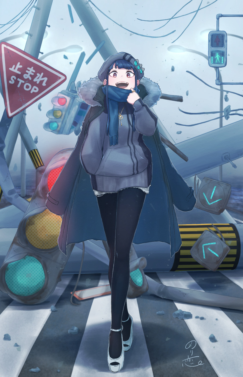 1girl, artist_name, black_pantyhose, blue_hair, blue_scarf, coat, coat_on_shoulders, commentary