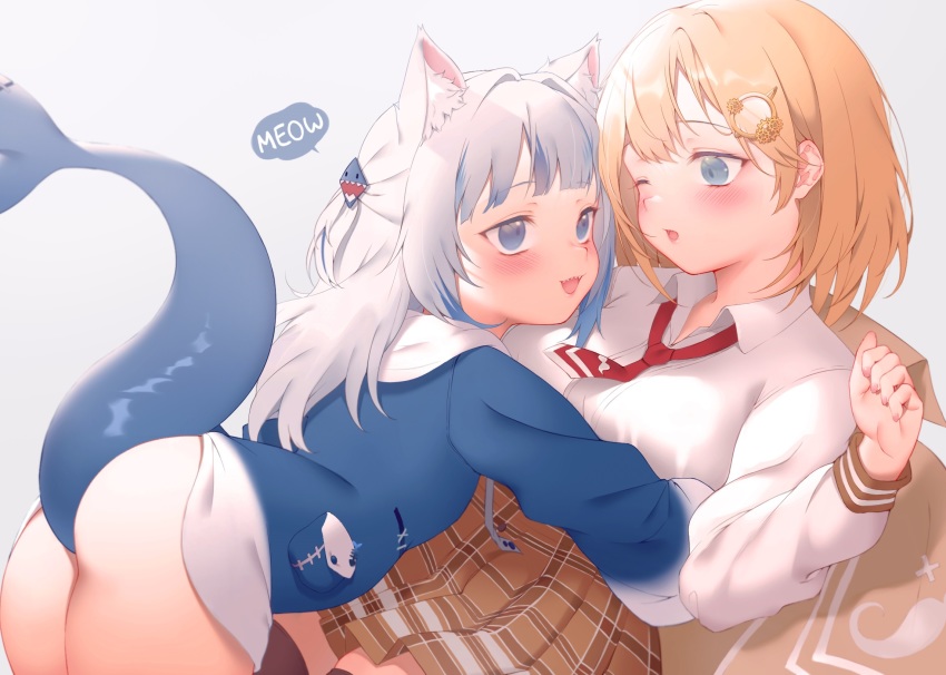 2girls, animal_ear_fluff, animal_ears, ass, blonde_hair, blue_eyes, blue_hair, blue_hoodie