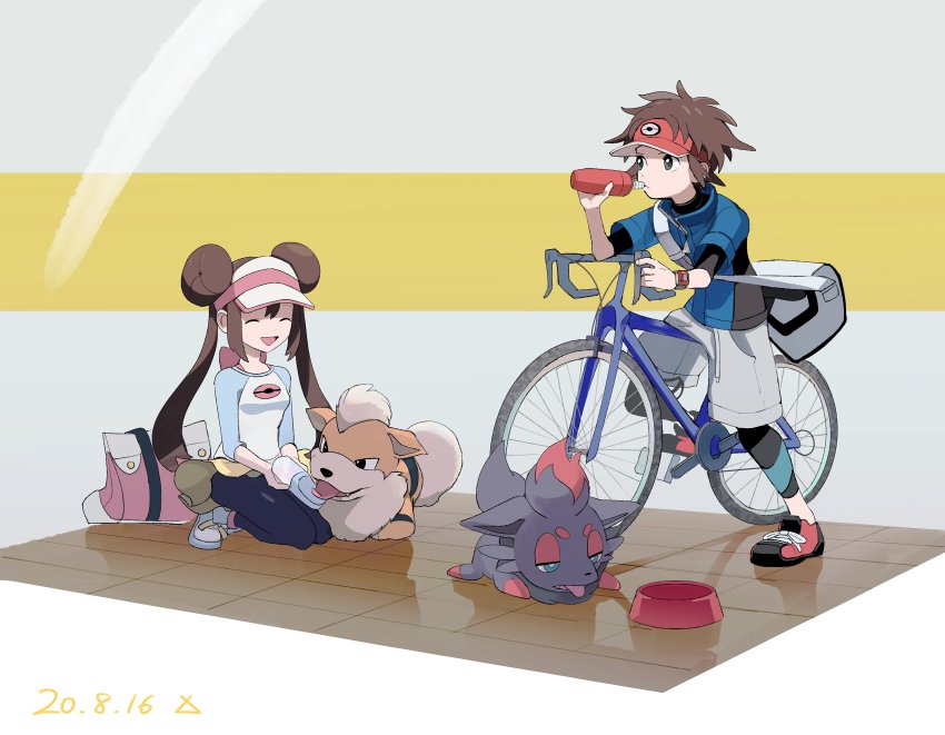 1boy, 1girl, bicycle, black_leggings, black_pantyhose, bottle, bow, brown_hair