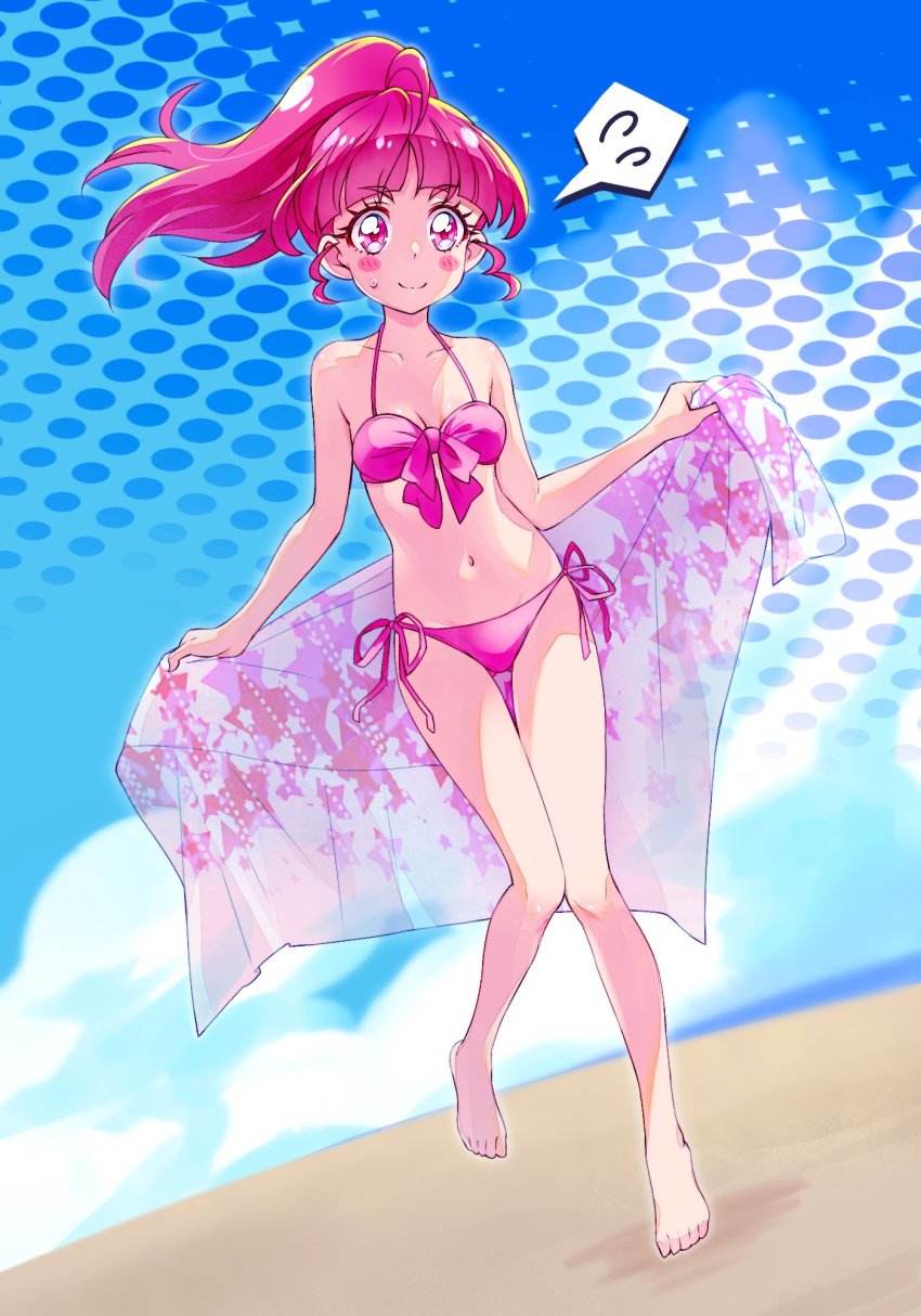 1girl, ahoge, alternate_hairstyle, bare_legs, bare_shoulders, barefoot, beach, bikini, blush_stickers, bow, bow_bikini, breasts, cloud, cloudy_sky, commentary_request, day, derivative_work, dutch_angle, floating_hair, full_body, highres, holding_sarong, hoshina_hikaru, knees_together_feet_apart, kyoutsuugengo, midriff, navel, nervous, nervous_smile, ocean, outdoors, pink_bikini, pink_eyes, pink_hair, pink_sarong, polka_dot, polka_dot_background, ponytail, precure, sand, sarong, side-tie_bikini_bottom, sky, small_breasts, smile, solo, spaghetti_strap, spoken_sweatdrop, star_twinkle_precure, stomach, sweatdrop, swimsuit