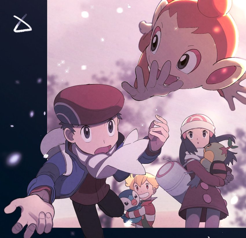 1girl, 2boys, bag, barry_(pokemon), beanie, black_hair, blonde_hair, chimchar