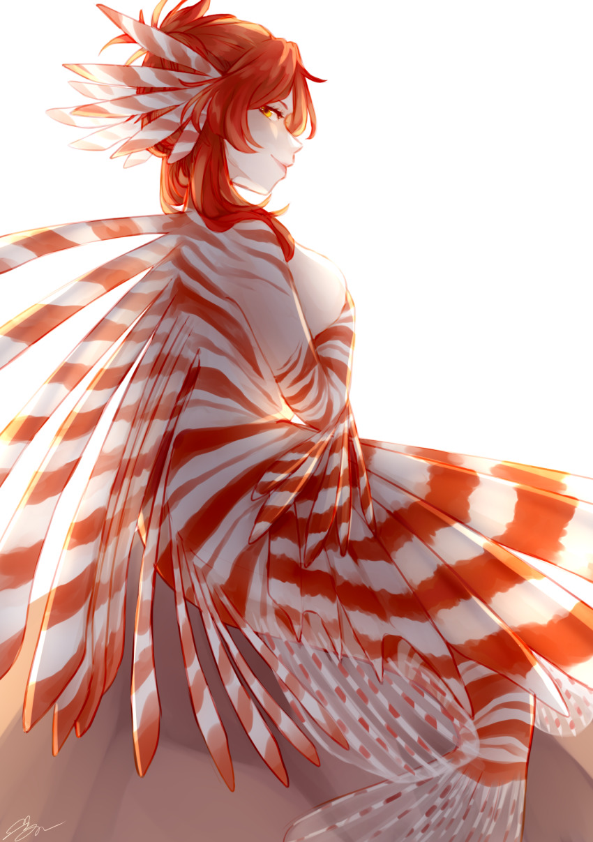 1girl, breasts, cloud_ya, colored_skin, fins, from_side, highres, honkai_(series), honkai_impact_3rd, lionfish, long_hair, looking_at_viewer, mermaid, monster_girl, monsterification, murata_himeko, red_hair, smile, solo, white_skin, yellow_eyes