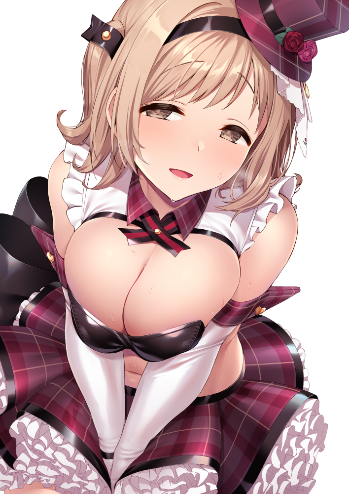 1girl, breast_press, breasts, brown_hair, cleavage, detached_sleeves, dress, elbow_cuffs