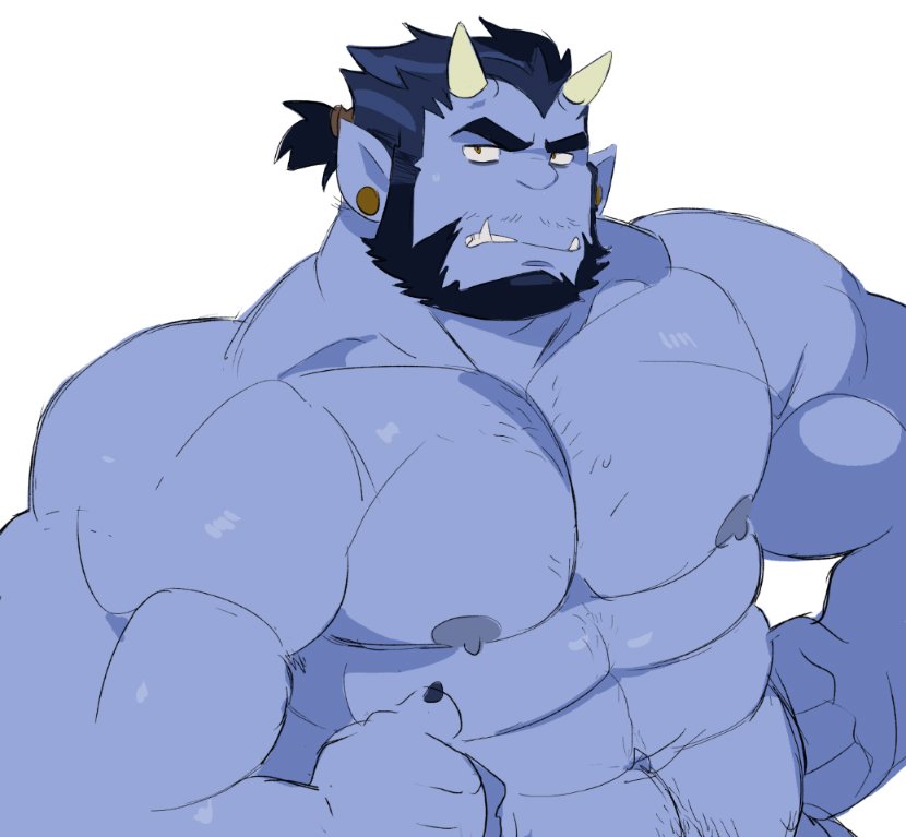 1boy, abs, bara, beard, black_hair, blue_oni_(saltypoundcake), blue_skin, chest_hair