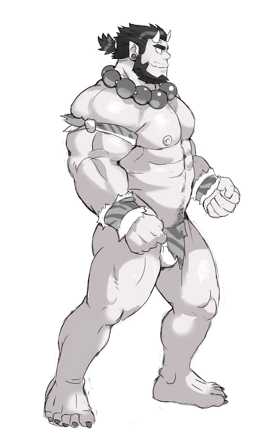 1boy, abs, bara, bead_necklace, beads, beard, blue_oni_(saltypoundcake), bulge