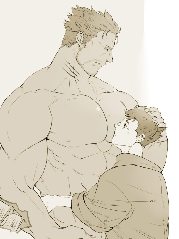 2boys, abs, bad_id, bad_twitter_id, bara, dagon_(housamo), eye_contact, facial_hair