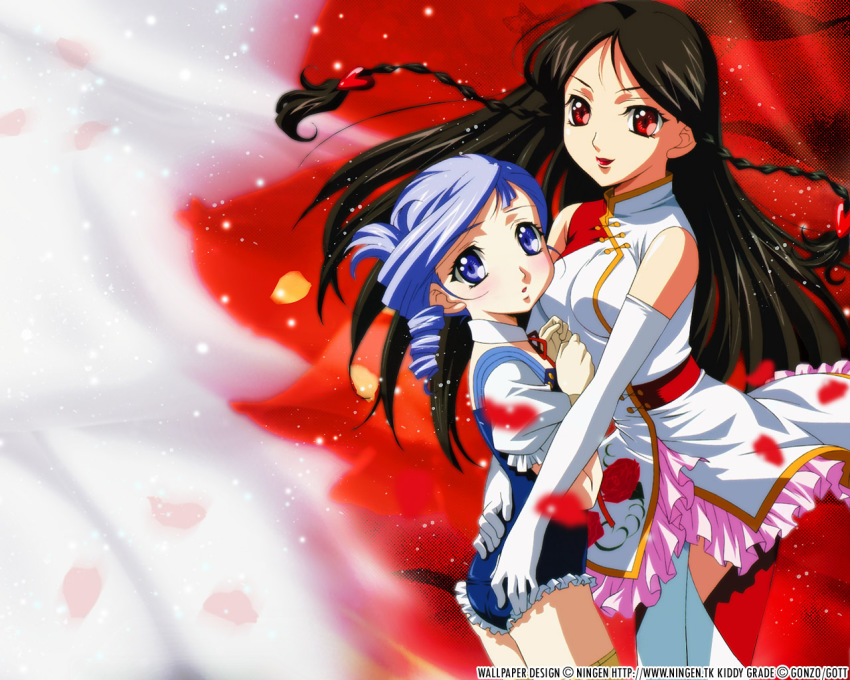 00s, 2girls, age_difference, ass, ass_grab, black_hair, blue_eyes, blue_hair, blush, braid, child, china_dress, chinese_clothes, dress, gloves, hug, kanasaki_takaomi, kiddy_grade, lipstick, long_hair, lumiere_(kiddy_grade), makeup, multiple_girls, onee-loli, open_mouth, red_eyes, thighhighs, thighs, tongue, tweedledee_(kiddy_grade), tweedledee_(wonderland), yuri