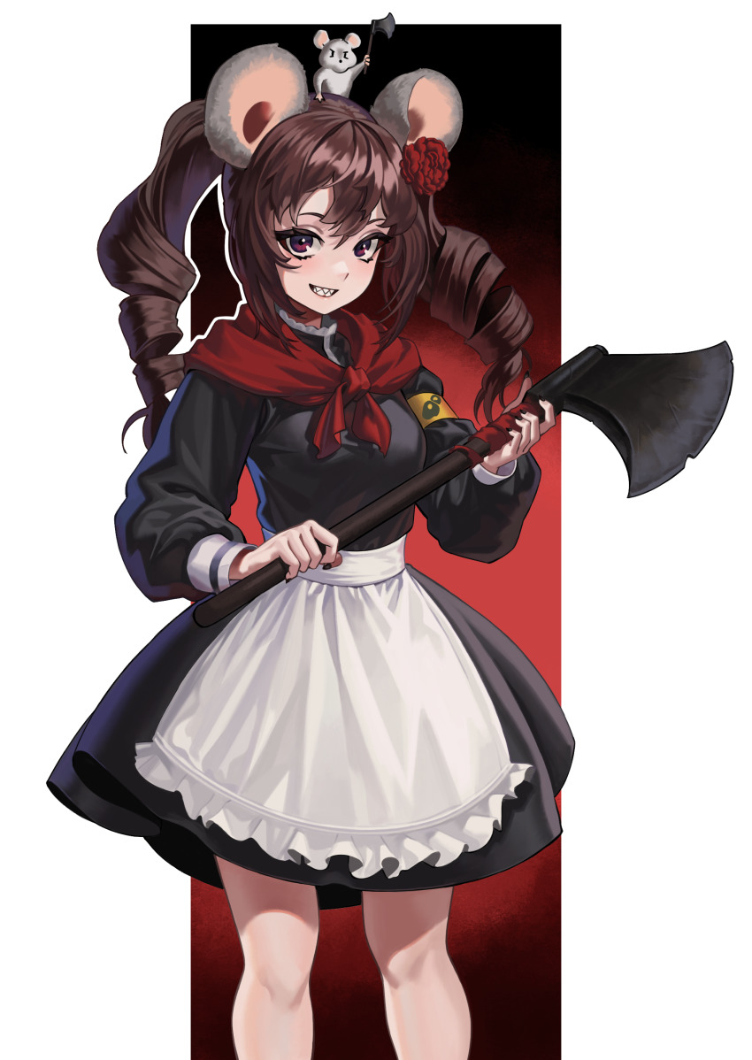 1girl, absurdres, animal_ears, apron, arm_garter, axe, black_dress, black_nails