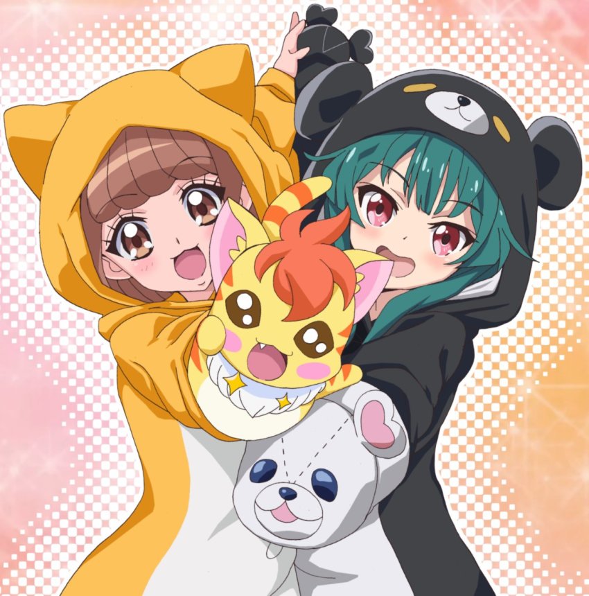 2girls, :3, :d, animal_costume, animal_hood, bear_costume, bear_hood, brown_eyes