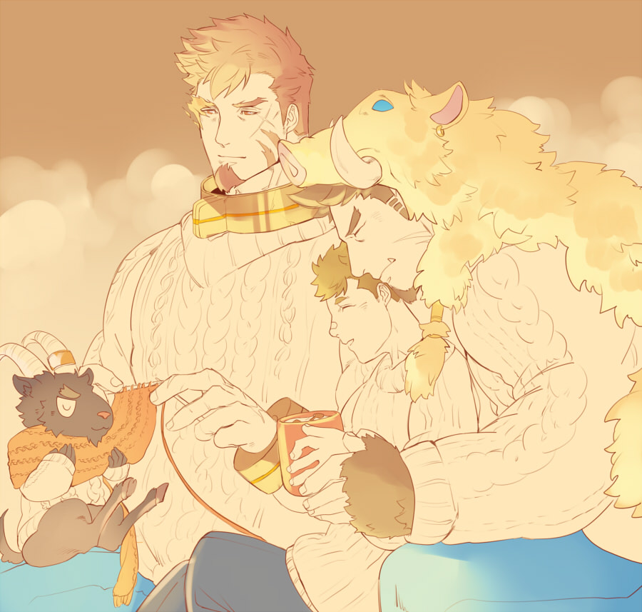 3boys, alternate_costume, animal_hood, bad_id, bad_twitter_id, bara, boar_hood, body_fur
