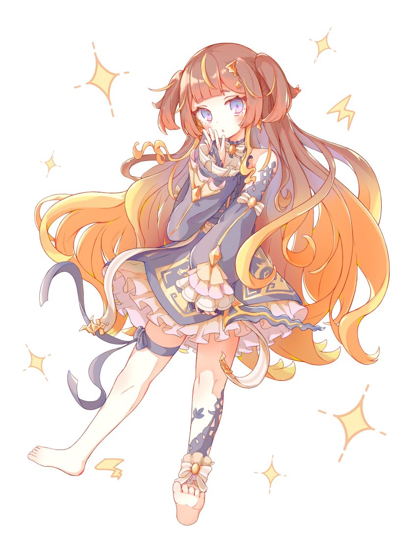 1girl, :o, absurdres, anya_melfissa, barefoot, black_dress, blonde_hair, blue_hair, blunt_bangs, blush, bow, detached_sleeves, dress, floating, gradient_hair, grey_bow, hageringo, hand_to_own_mouth, highres, hololive, hololive_indonesia, long_hair, looking_at_viewer, multicolored_hair, open_mouth, purple_eyes, sleeves_past_fingers, sleeves_past_wrists, soles, solo, sparkle, streaked_hair, thigh_strap, very_long_hair, virtual_youtuber, white_background