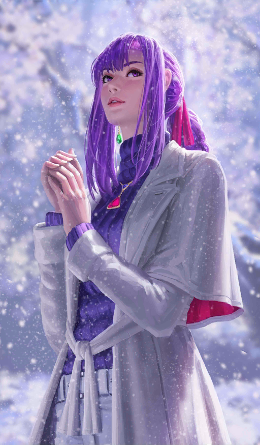1girl, blouse, bow, coat, commentary, dress, earrings, fate/grand_order, fate_(series), floating_earrings, gem, guweiz, hair_bow, hair_ribbon, jewelry, matou_sakura, neck_ring, official_art, open_mouth, parvati_(cherry_icicle)_(fate), parvati_(fate), ponytail, purple_eyes, purple_hair, purple_shirt, realistic, ribbon, shirt, snow, snowing, solo, white_coat, white_dress, winter_clothes, winter_coat