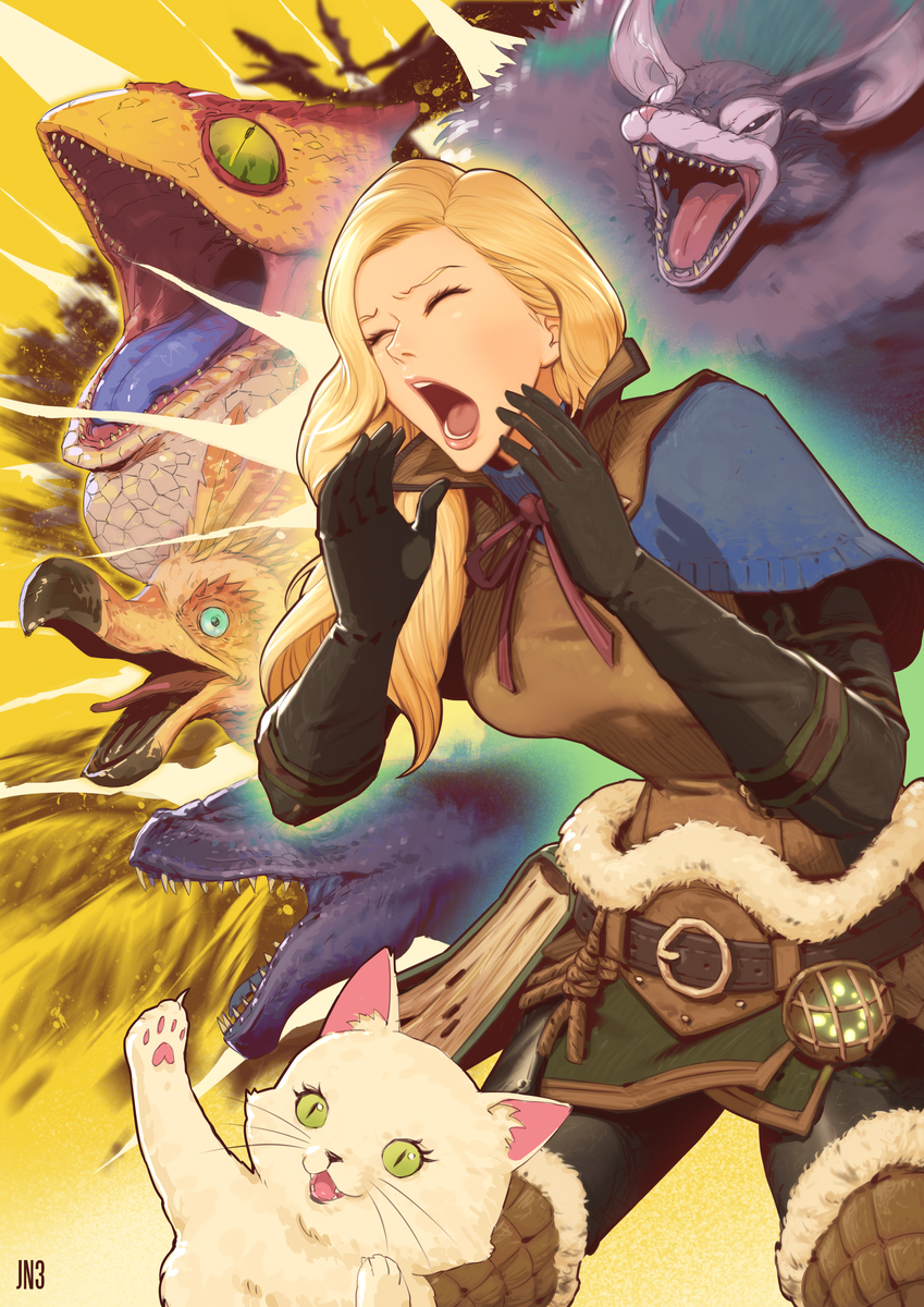 1girl, 5others, alternate_form, artist_name, belt, black_gloves, blonde_hair, blue_capelet