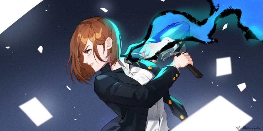 1girl, artist_name, aura, brown_hair, female_focus, fighting_stance, gakuran, grey_background, hammer, highres, holding, holding_hammer, jujutsu_kaisen, kugisaki_nobara, kylooe_0, long_sleeves, looking_to_the_side, nail_(hardware), profile, school_uniform, short_hair, solo, upper_body