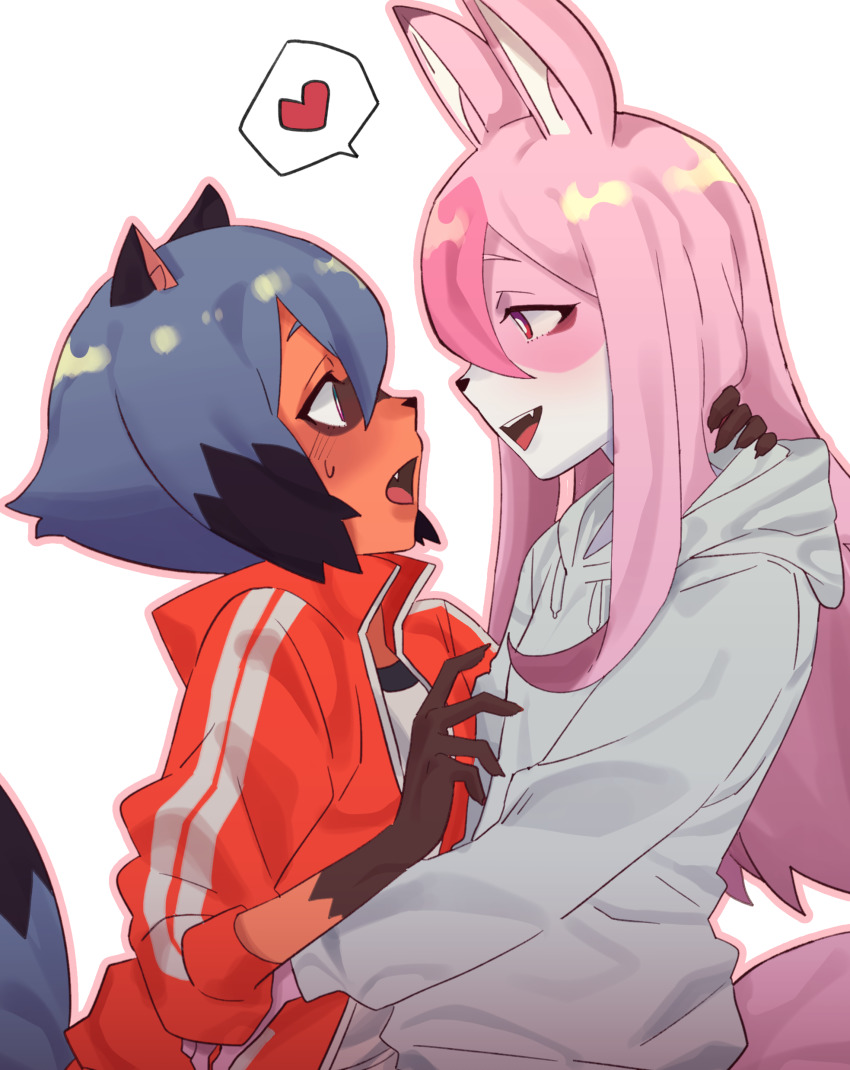 2girls, absurdres, animal_ears, animal_nose, black_hair, blue_hair, body_fur, brand_new_animal