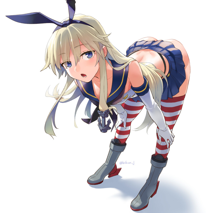 1girl, anchor_hair_ornament, black_hairband, black_panties, blonde_hair, blue_eyes, crop_top, elbow_gloves, fugu_custom, full_body, gloves, hair_ornament, hairband, highleg, highleg_panties, highres, kantai_collection, leaning_forward, long_hair, miniskirt, panties, school_uniform, serafuku, shimakaze_(kancolle), skirt, striped_clothes, striped_thighhighs, thighhighs, thong, underwear, white_background, white_gloves