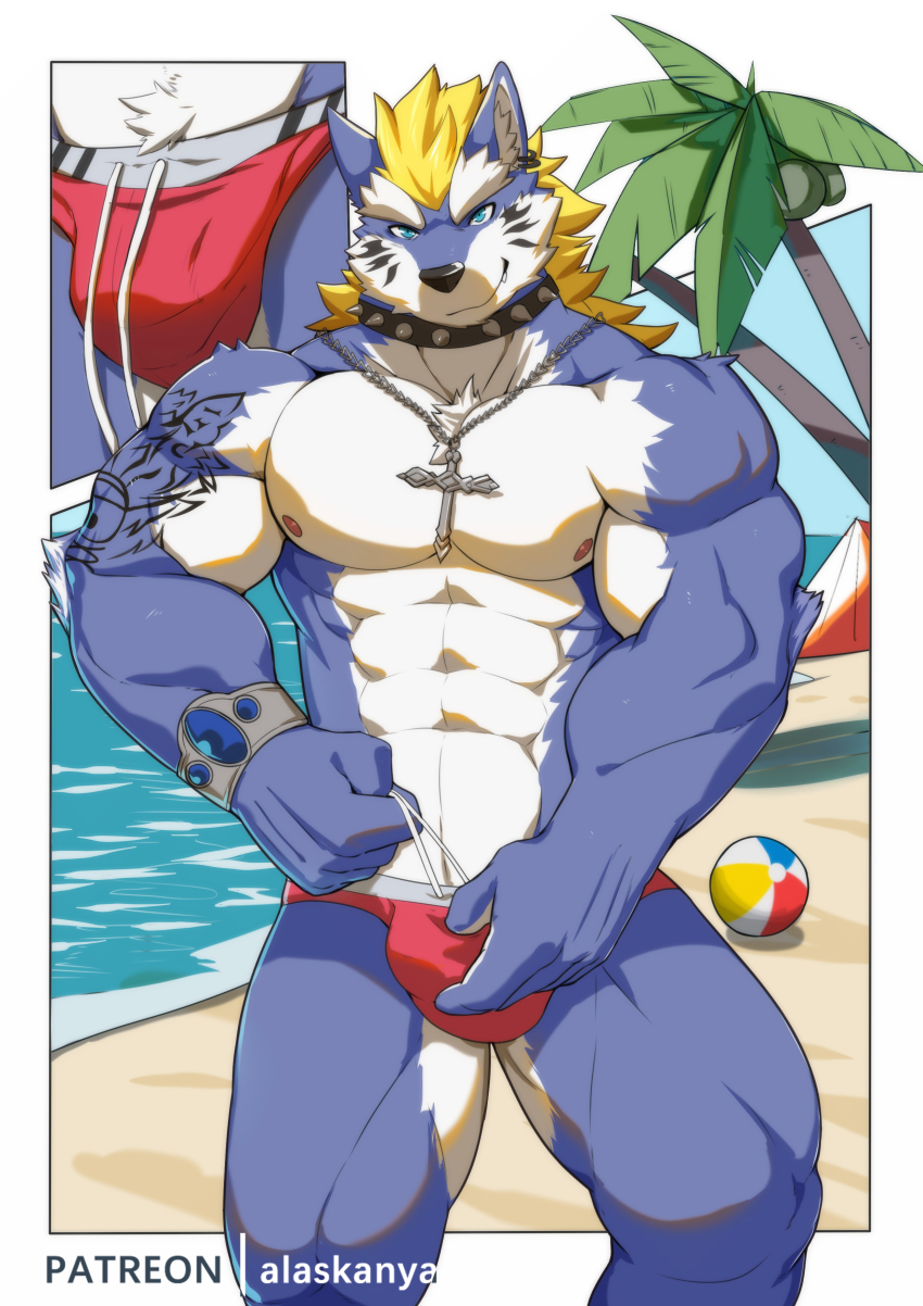 1boy, abs, absurdres, animal_ears, arasukanya_(littleblackalas), bad_id, bad_pixiv_id, bara, bare_pectorals, beach, blonde_hair, blue_eyes, blue_fur, bulge, coconut_tree, cowboy_shot, cross, cross_necklace, crotch, drawstring, drawstring_pull, fenrir_(housamo), furry, furry_male, highres, jewelry, large_pectorals, male_focus, male_swimwear, medium_hair, mohawk, muscular, muscular_legs, muscular_male, navel, necklace, nipples, outdoors, paid_reward_available, palm_tree, pectorals, red_male_swimwear, red_swim_briefs, smile, solo, swim_briefs, thighs, tokyo_houkago_summoners, topless_male, tree, two-tone_fur, white_fur, wolf_boy, wolf_ears