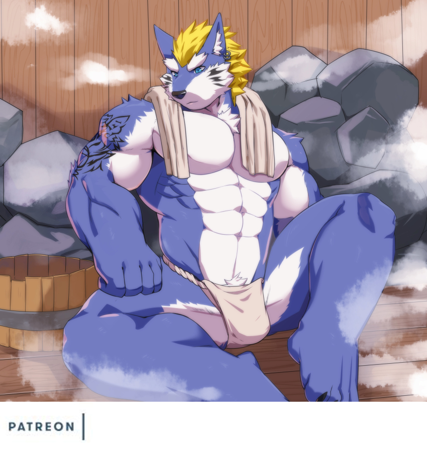 1boy, abs, absurdres, animal_ears, arasukanya_(littleblackalas), bad_id, bad_pixiv_id, bara, blonde_hair, blue_eyes, blue_fur, bulge, fenrir_(housamo), fundoshi, furry, furry_male, highres, japanese_clothes, large_pectorals, male_focus, male_underwear, medium_hair, mohawk, muscular, muscular_male, navel, nipples, paid_reward_available, pectorals, sauna, sitting, solo, steam, thick_thighs, thighs, tokyo_houkago_summoners, topless_male, towel, towel_around_neck, two-tone_fur, underwear, underwear_only, white_fur, white_male_underwear, wolf_boy, wolf_ears