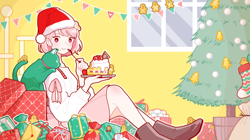 1girl, black_boots, boots, box, cake, cat, christmas_tree, flower