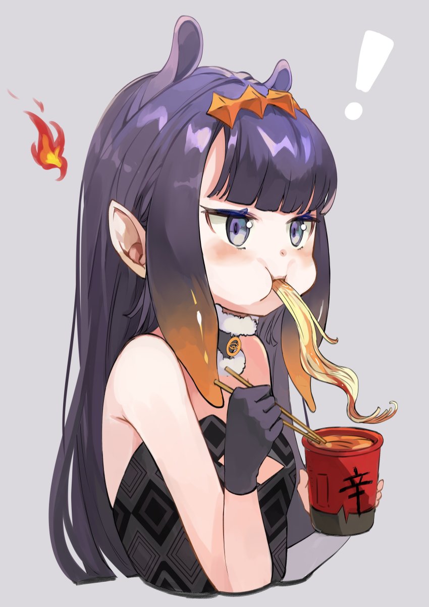 1girl, absurdres, black_gloves, blue_eyes, blunt_bangs, cheek_bulge, chopsticks, instant_cup_noodles