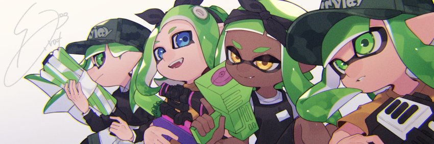 4girls, absurdres, artist_name, bandana, baseball_cap, black_bandana, black_headwear, black_sweater