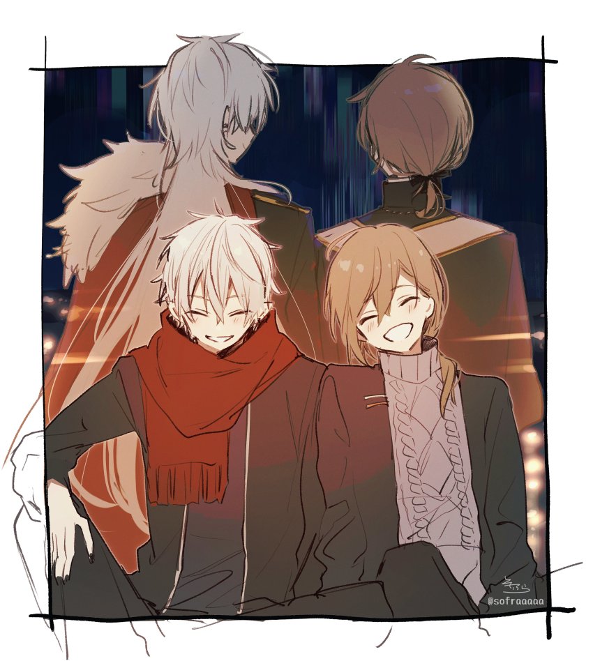 2boys, :d, ^^^, absurdres, aran_sweater, black_jacket, blush, brown_hair