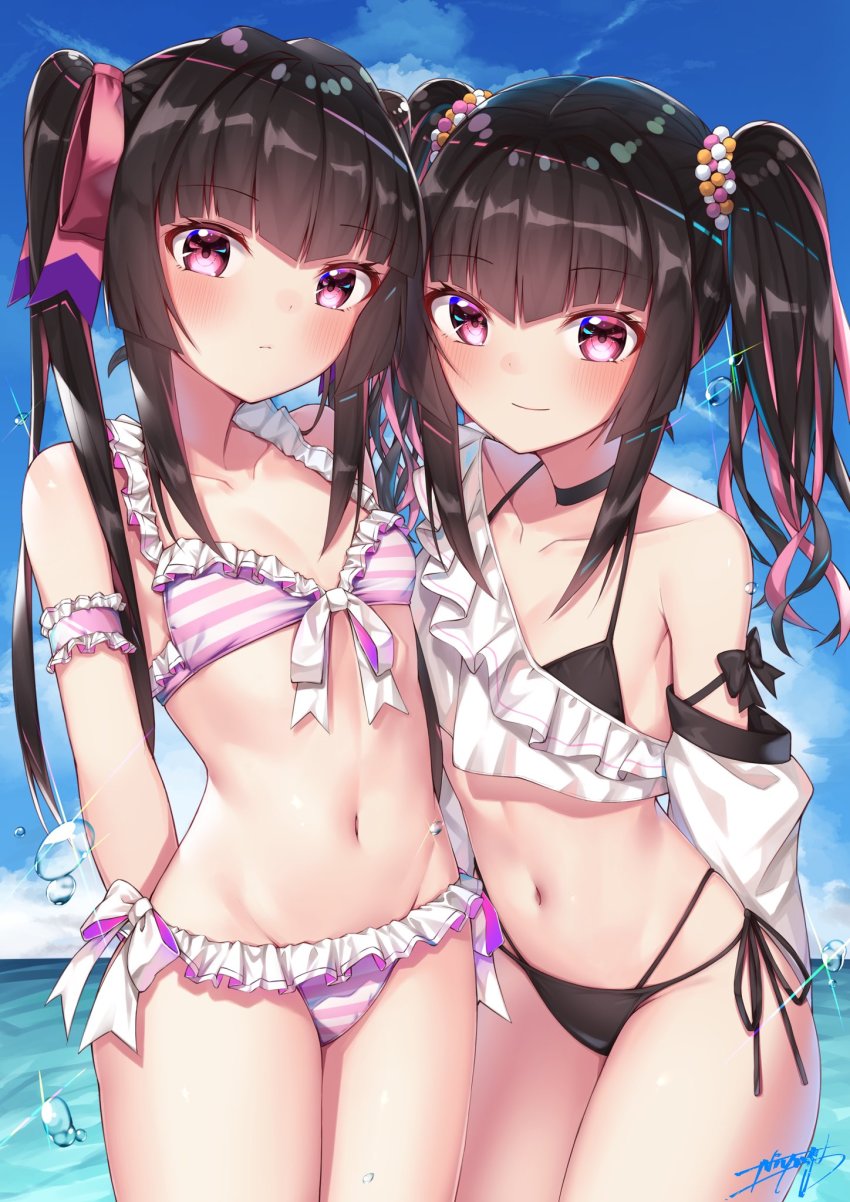 2girls, arms_behind_back, artist_name, bikini, black_bikini, black_choker, black_hair, blue_sky